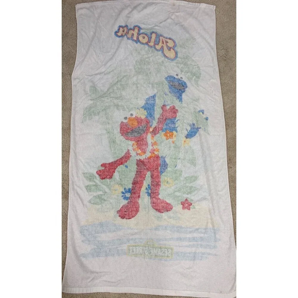 Vintage Sesame Street Elmo & Cookie Monster Aloha Beach Towel Kids Pool Fun